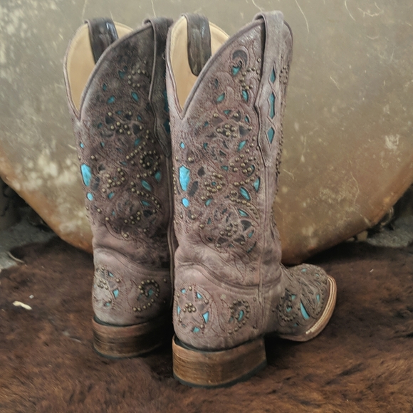CORRAL A1149 brown studded leather cowgirl western boots turquoise inlay sz 7 - Picture 9 of 16